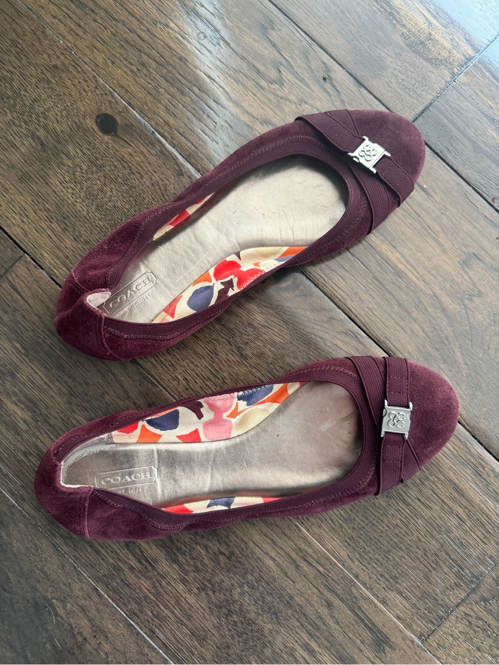 Coach Wine Burgundy Suede Ballet Flats with Silver Logo